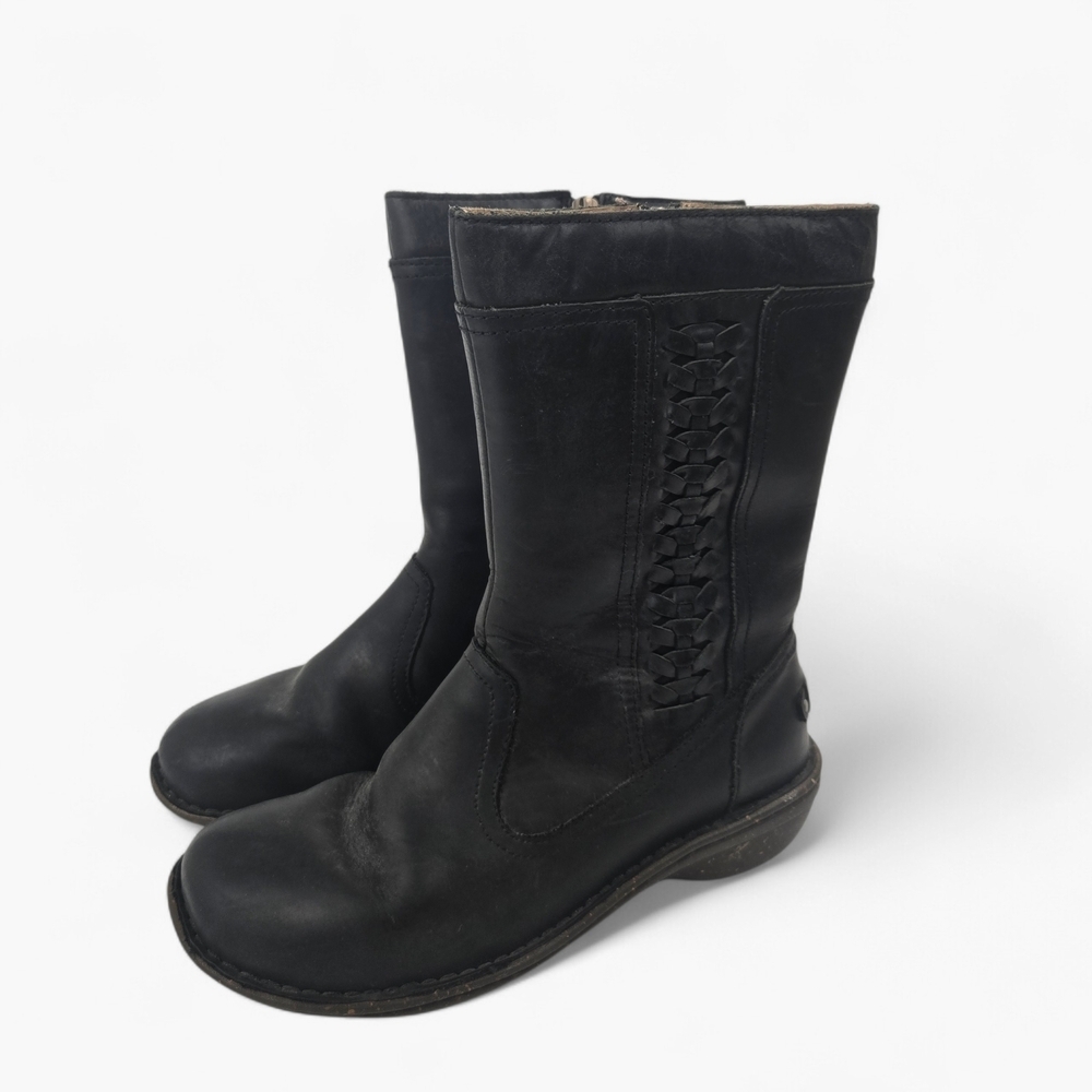 Women's UGG Kaleen Leather Black Boots Winter Size 7 Sheepskin Side Zip Combat